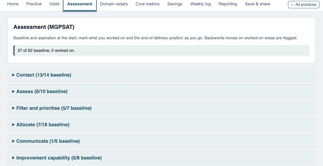 The assessment view, showing the six MGPSAT domains with baseline progress per domain